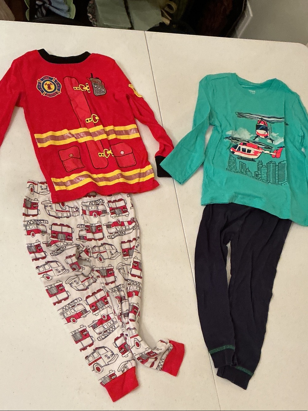 Kids Firefighter Red Pajama Set with Printed Pants two sets lot of 2